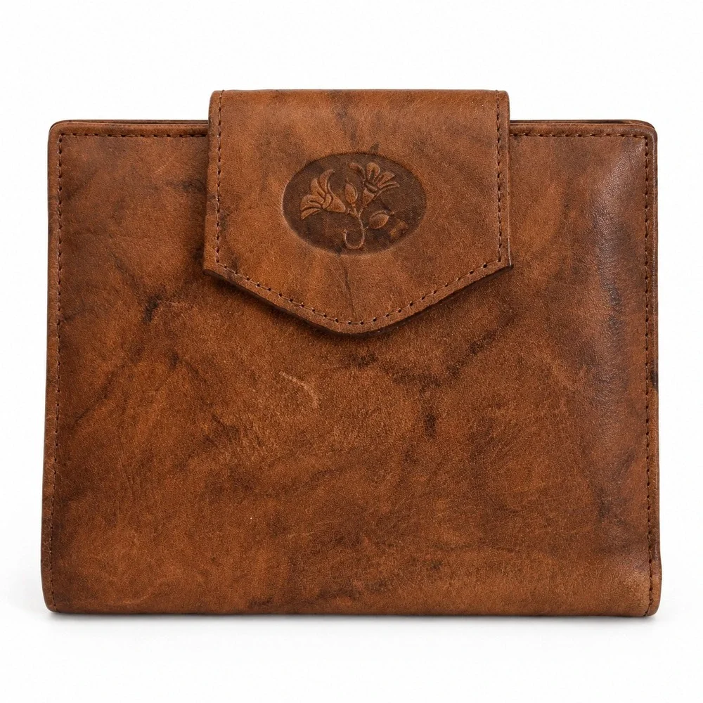 Buxton Leather Trifold Wallet Womens Brown Excellent Floral Kisslock Vintage